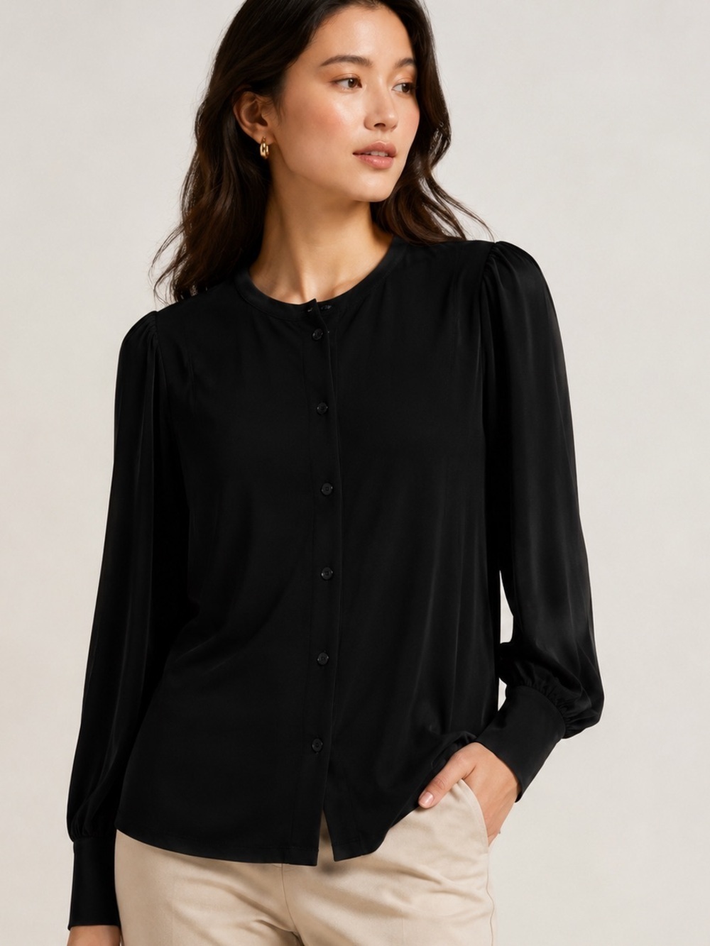 Ann Taylor Black Long Sleeve Knit Blouse Top L